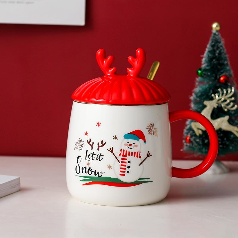 Creative Christmas festive gift-giving mug ceramic cartoon cup Nordic couple water cup coffee cup with lid spoon