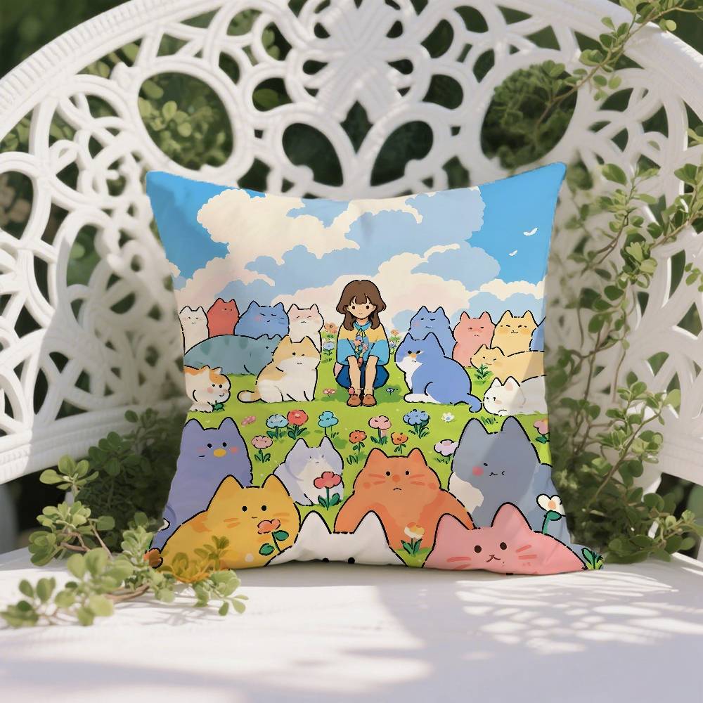 Cartoon Cute Cat Picture With Fresh Pillow Case Anti-dustmite Pillowcase Invisible Zipper Silky Short Plush Sofa Cushion Cover