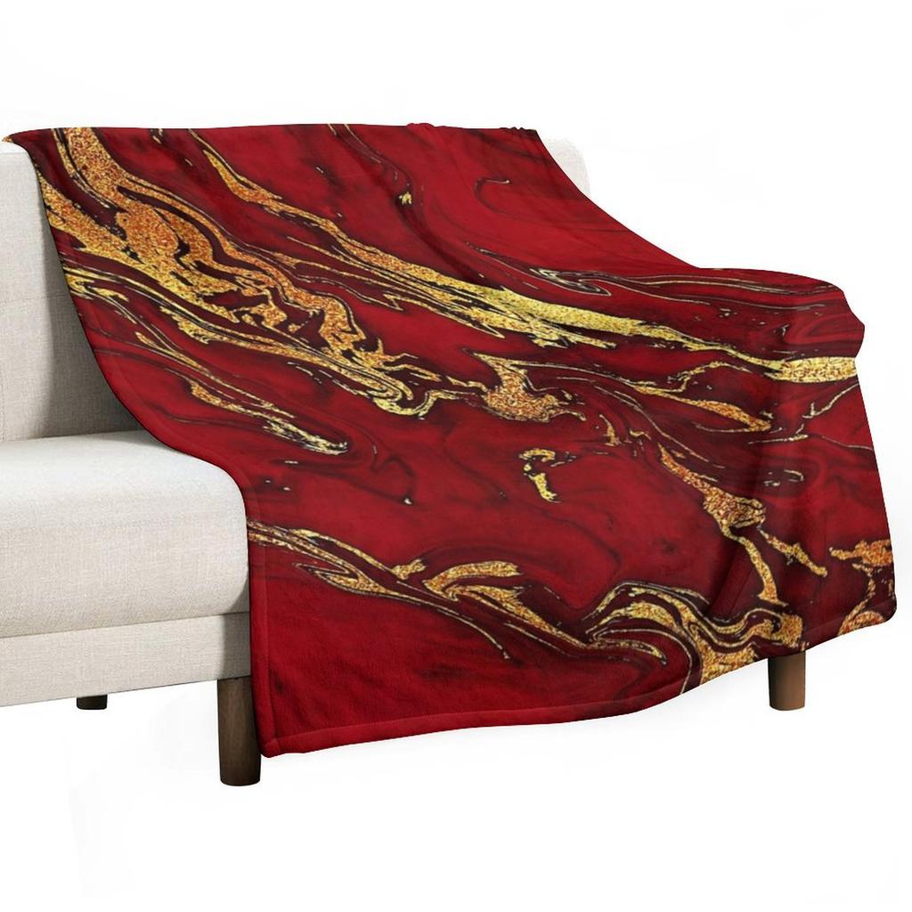 Faux Fire Red And Gold Marble Throw Blanket Luxury For Sofa Thin Loose Furrys Blankets