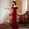 Light luxury burgundy toasting clothes 1011 new one-word shoulder fishtail skirt style atmosphere bride wedding evening dress women