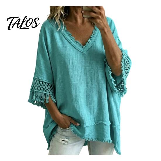 Lässiges Damenhemd Sommeroberteile für Damen, V-Ausschnitt Halbarm Pullover-Oberteile, Lockerer Sitz Atmungsaktive Bluse Arbeitsplatz Partys Tragen Basic Kragen XXL cyanblau