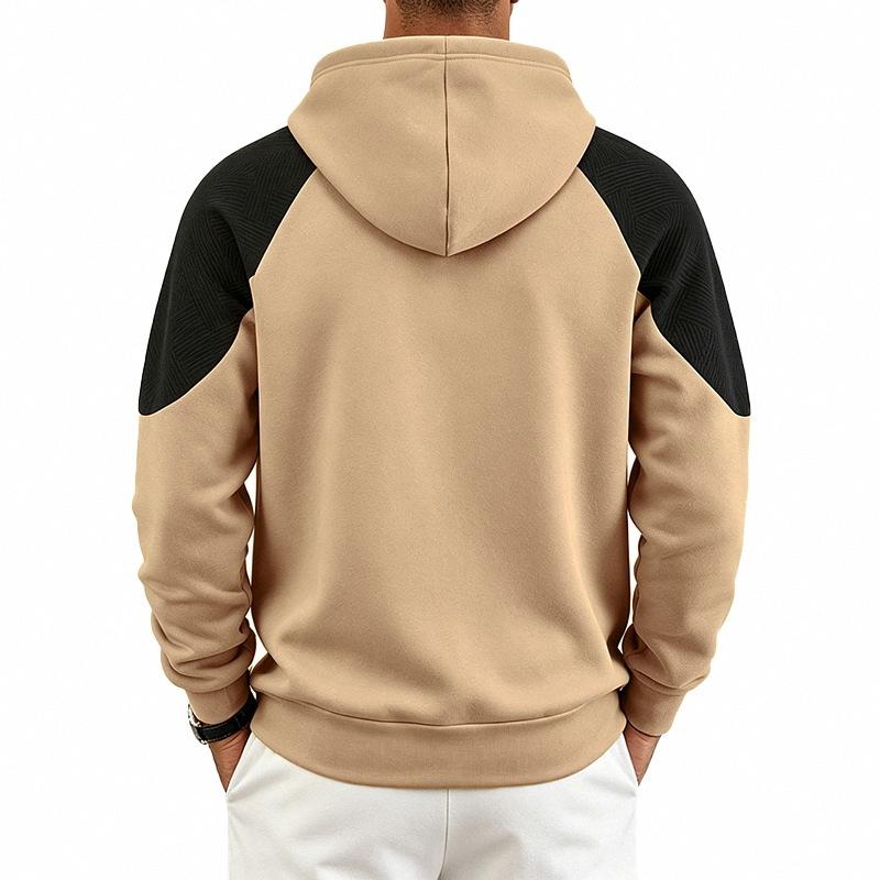 Men's Color Block Raglan Hoodie, Contrast Spliced Textured Long Sleeve Drawstring Pullover Hooded Sweatshirt with Kangaroo Pocket