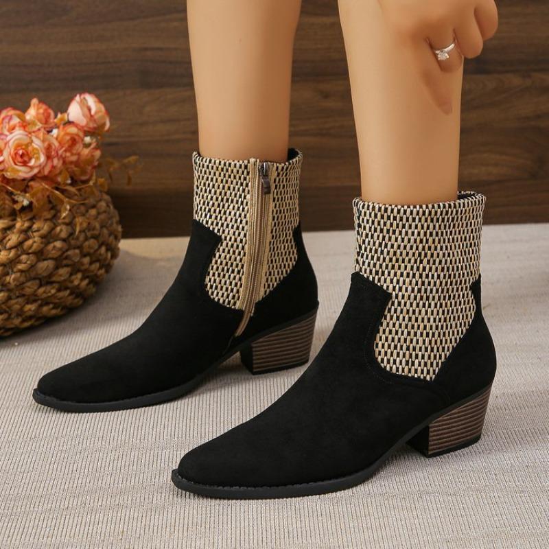 Large Size Pointed Square and Side Zipper Splicing Wind Smoke Boots Autumn and Winter New Outer Wear Medium Tube Women's Boots
