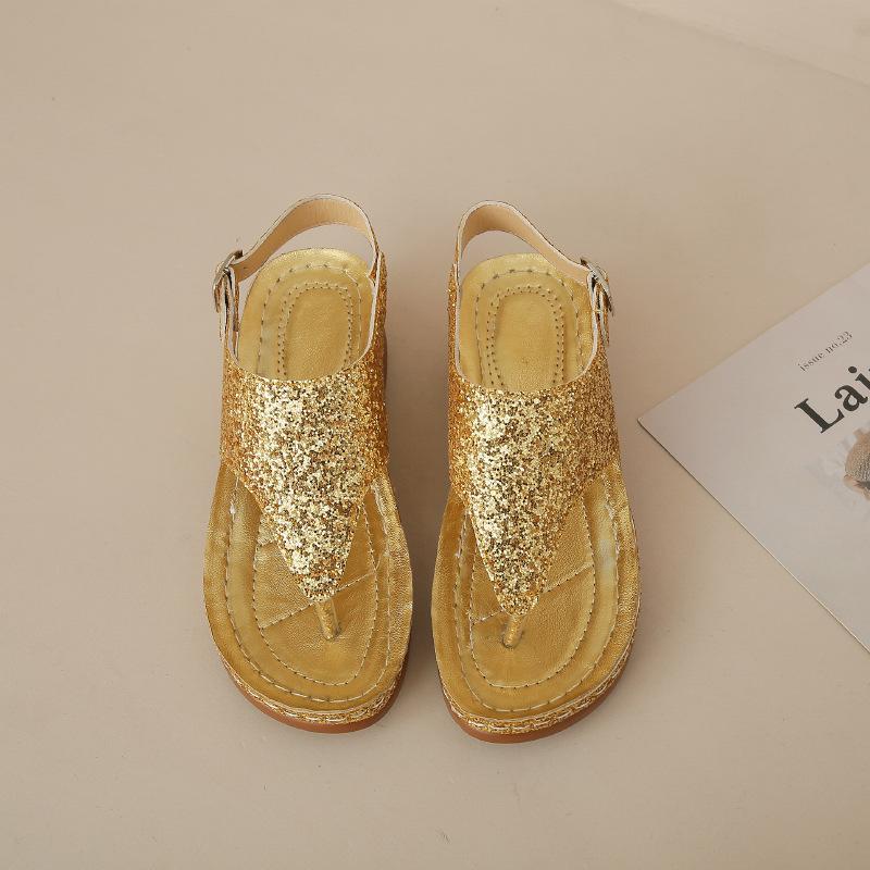 

Женская обувь 2024 года, новые европейские и американские римские пряжки с танкеткой, женские сандалии, импортные товары, большие размеры, сандалии с узором «елочка» 36 золотой