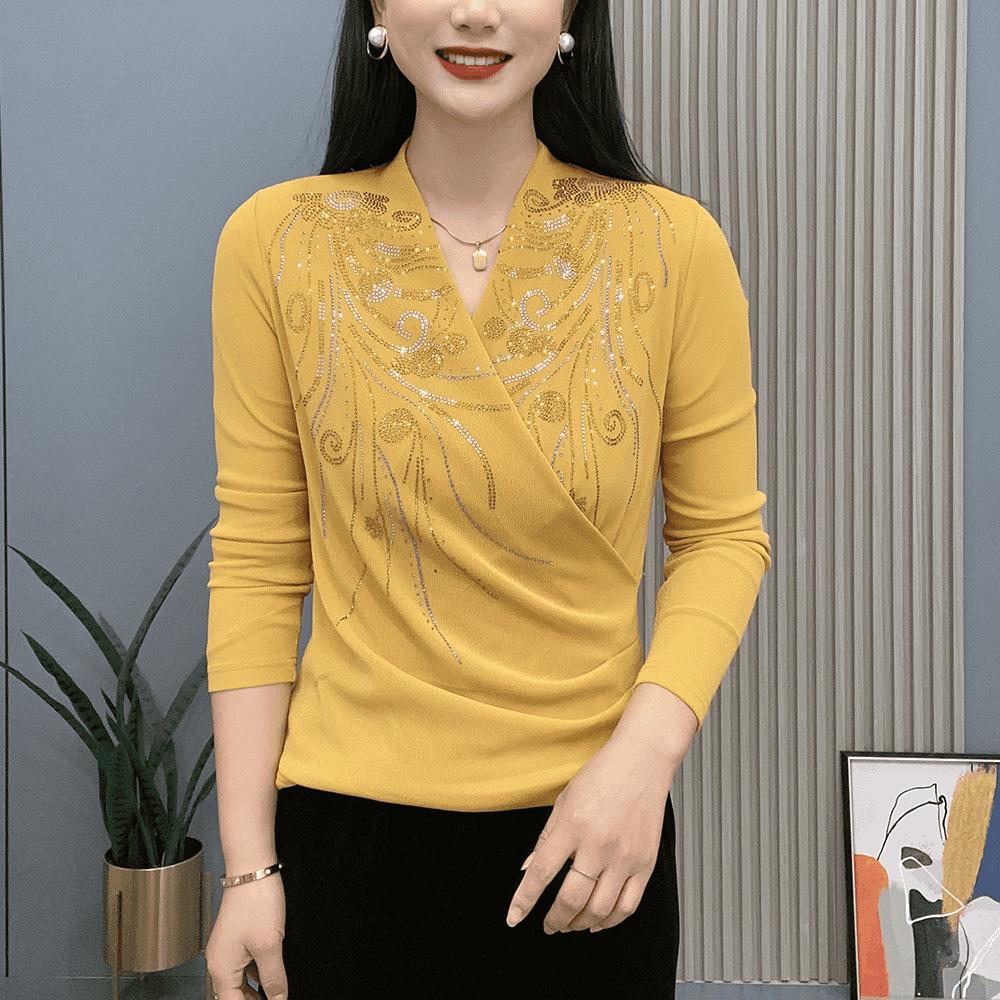 Autumn/Winter Cross-Neck Rhinestone Phoenix Long-Sleeve Base Layer Shirt
