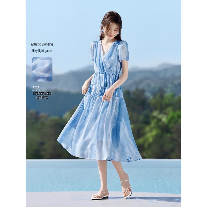 Azure Holiday Dye Print V-neck A-line Dress L