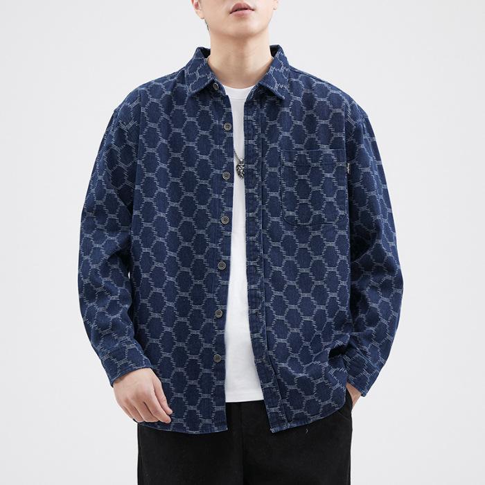 

Жаккардовая японская винтажная рубашка для ручного ткачества, мужская универсальная свободная рубашка большого размера, повседневная синяя рубашка, пиджак, топ 4XL синий