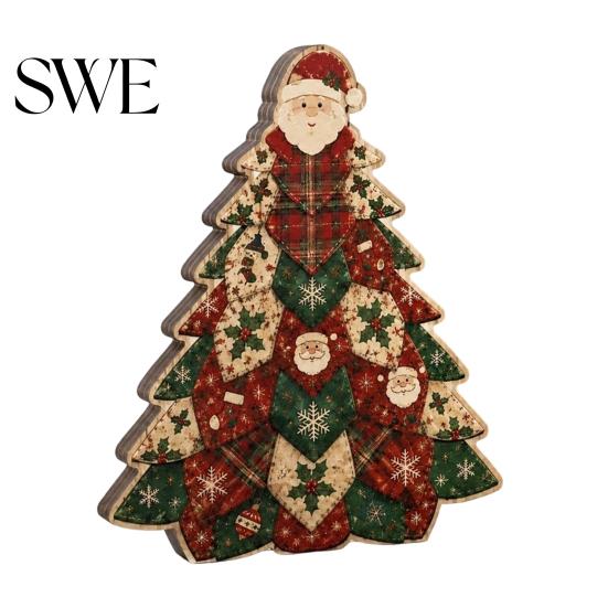 Wooden Holiday Party Decor Quilted Christmas Tree Table Sign, 2D Flat Fabric Patchwork Pattern Desktop Reusable Xmas Sign Ornament, Rustic Farmhouse