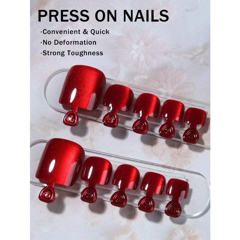 96 Peças Quadradas Brilhantes Estéticas Vermelhas Cristal Olho de Gato Acrílico Pressione Unhas dos Pés Quadradas Curtas Conjunto de Unhas Postiças, Unhas Olho de Gato Para Mulheres Meninas Suprimentos para Unhas