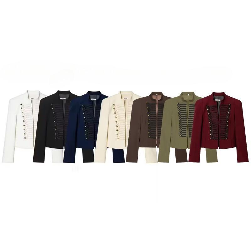 Elegant Women's Cropped Black Coats Pads Stand Collar Full Sleeve Jacket Autumn Lady Chic Commute Outwear