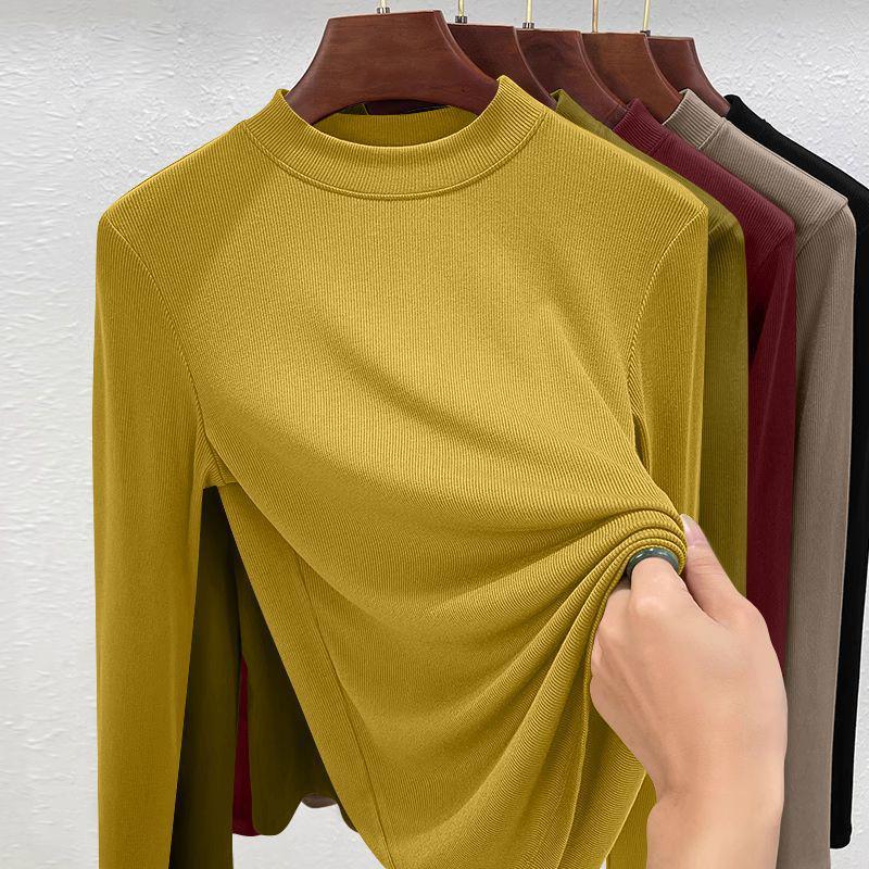 

Жіноча однотонна футболка з довгим рукавом і напіввисоким коміром - Тонкий базовий шар для осені/весни 2025 XL (110-125 lbs)