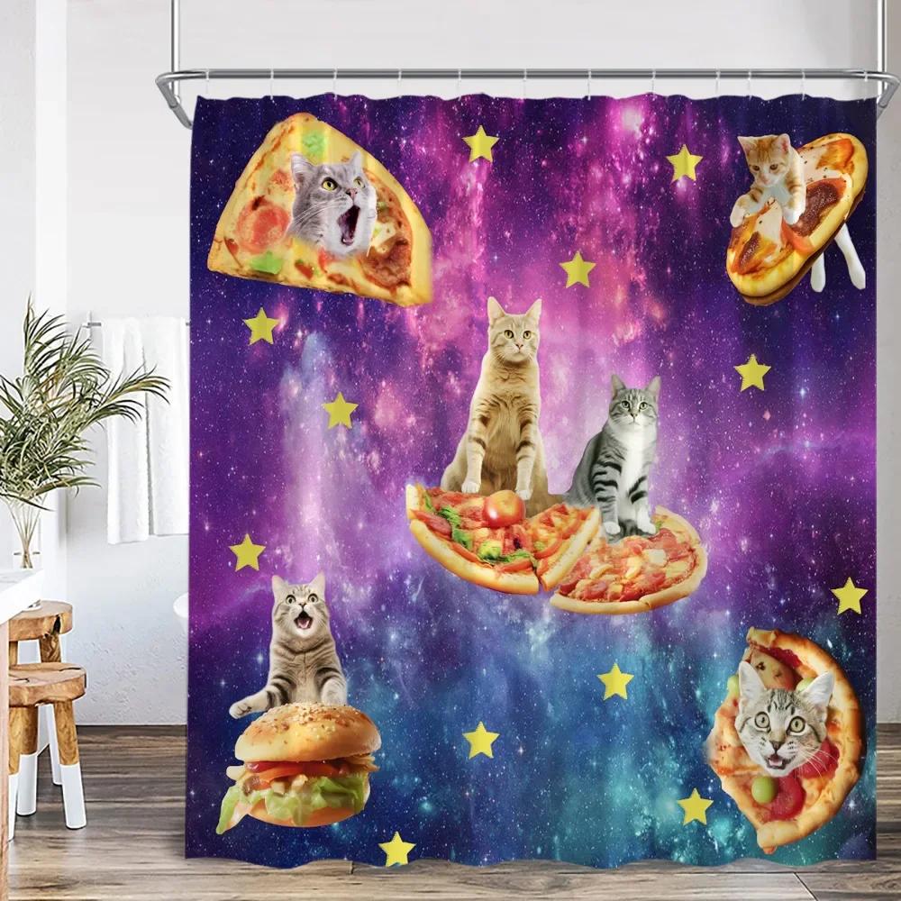 Funny Cat Shower Curtain Cat Riding Shark Dinosaur Flower Floral Polyester Bathtub Curtain Space Planet Bathroom Decor with Hook