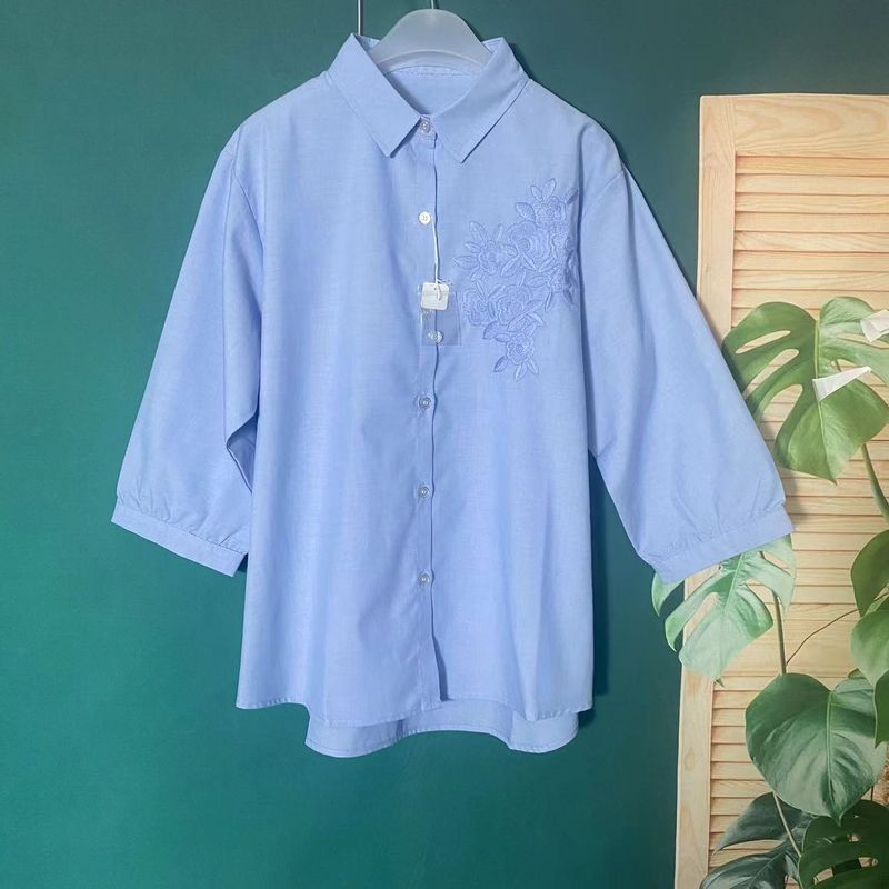 

Export Original Order Leftover Stock Embroider Happy Pullover Large Size Three Quarter Sleeve Shirt for Women Stylish Loose Casual Top Spring Light Blue happy 3L