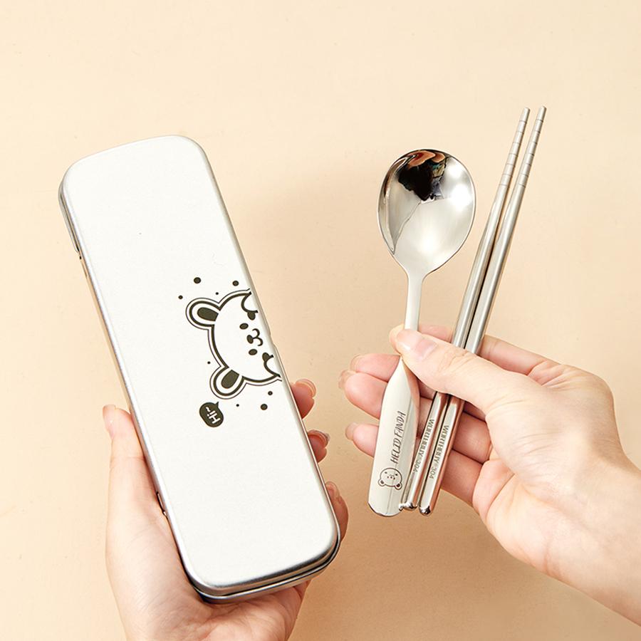 3pcs/set Cute Portable 316 Stainless Steel Tableware Chopsticks Spoons With Storage Box Reusable Outdoor Picnic Cutlery  Set