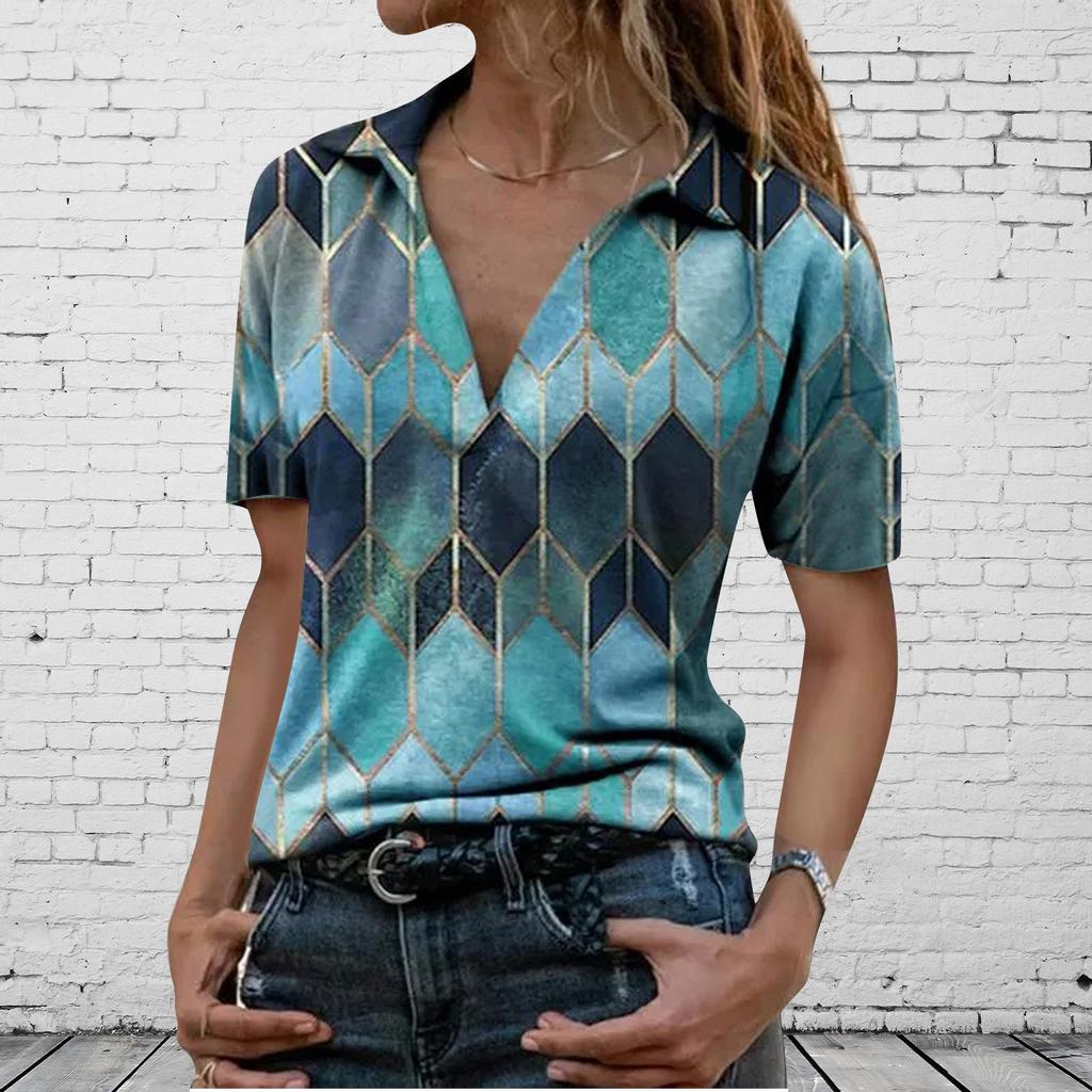 Fashion Women's Summer Printed Short Sleeve Lapel Collar T-Shirt Casual Tee Tops