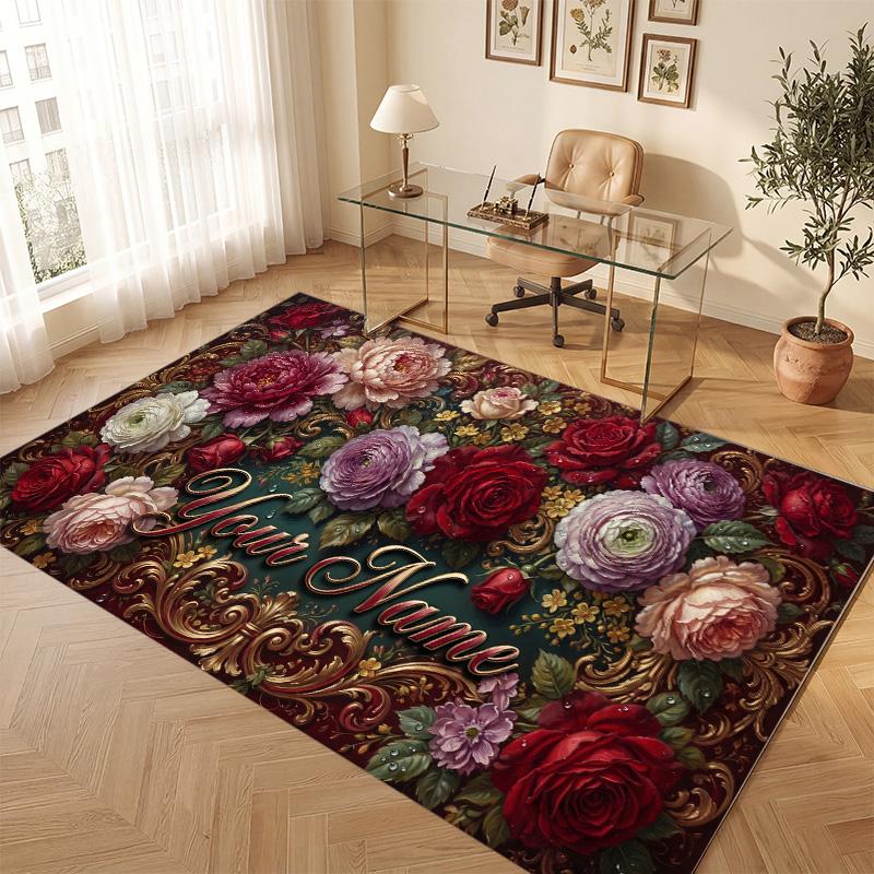 Floral Garden Theme Soft Crystal Velvet Rug Custom Name & Text Print Non Slip Floor Rug for Bedroom Living Room