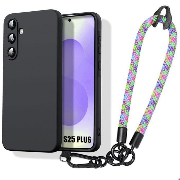 Coque pour samsung galaxy s25 plus (s25+) protection silicone noir antichoc avec bracelet robuste