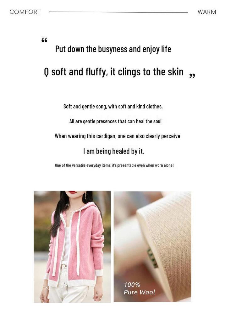 Women's 100% Pure Wool Hooded Cardigan with Zipper – Color Block Knitwear, Loose Fit.