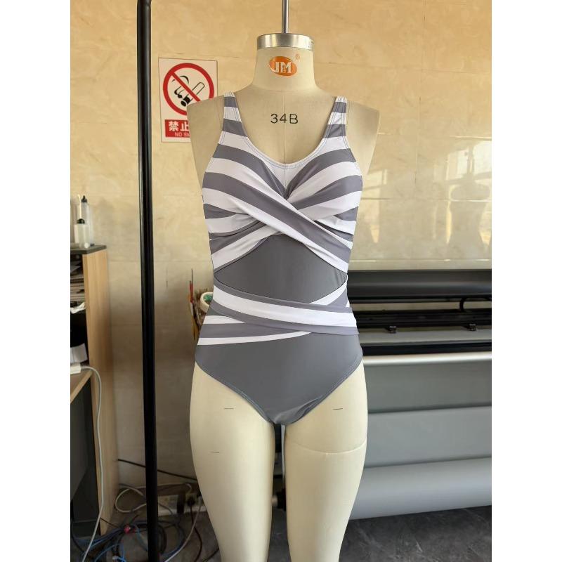 New one-piece swimsuit women's sexy black and white striped cross V-neck to cover the belly and look thin conservative vacation swimsuit