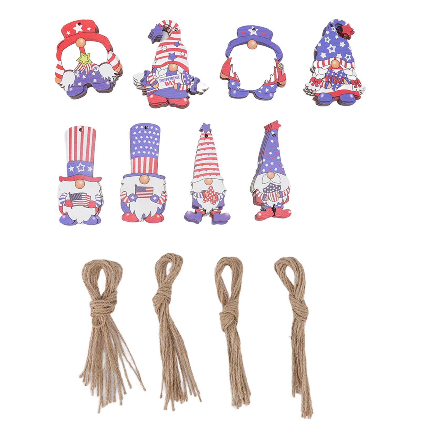 

40 Pcs Patriotic Gnome Wood Ornaments 8 Styles Sturdy Boxwood Reusable Independence Day Gnome Pendant with Ropes