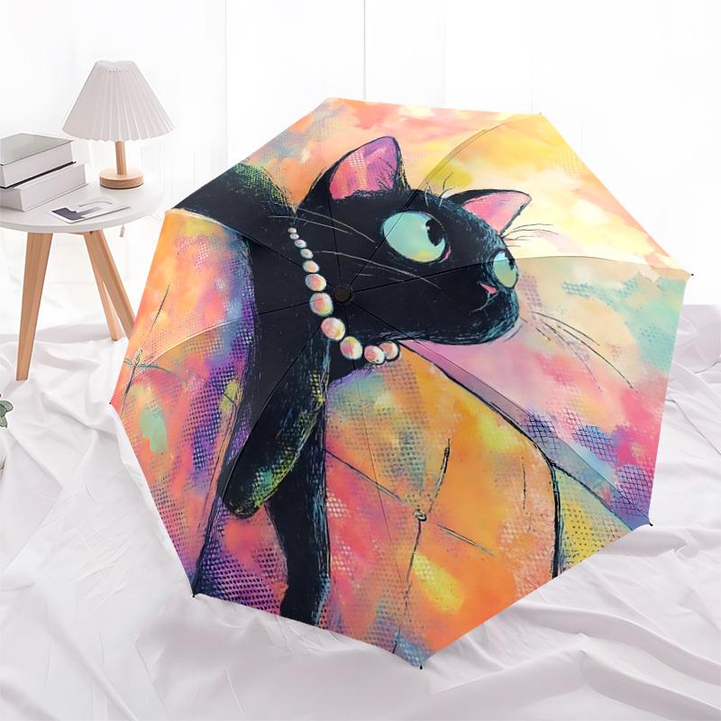 1PC Black Cat Art Automatic Open/Close, 8-Rib Durable Frame Compact Travel Umbrella for Men & Women S1222009