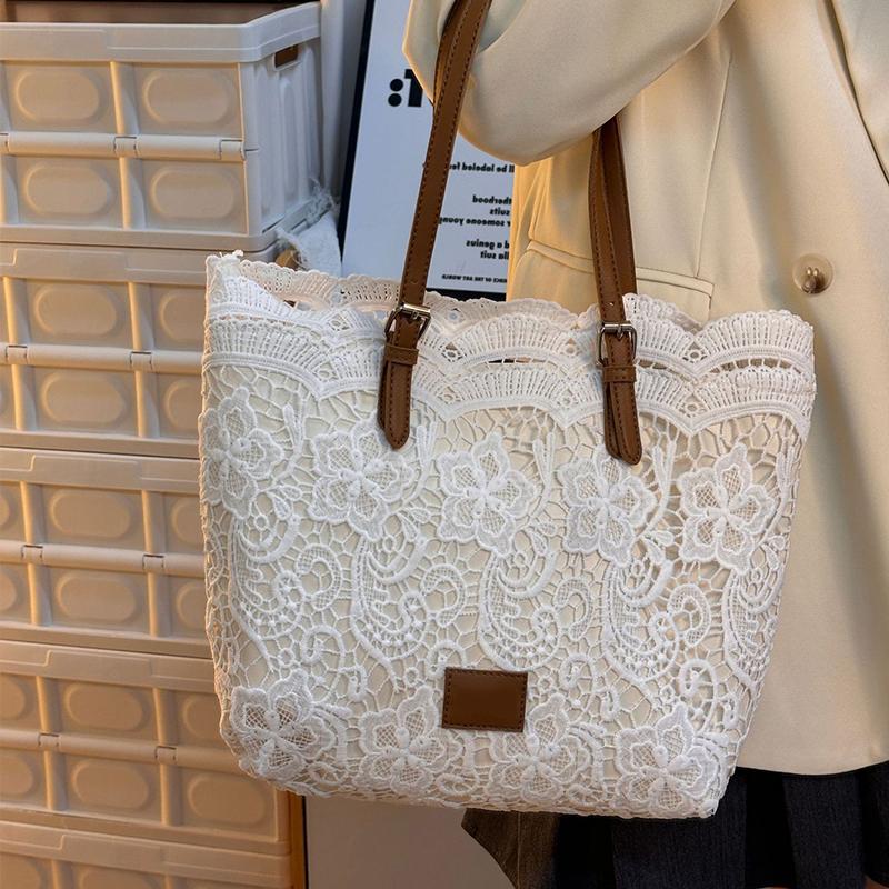 Women Lace Flower Embroidery Tote Summer Seaside Travel Vacation Beach Bag Shoulder Retro Handbag CLE