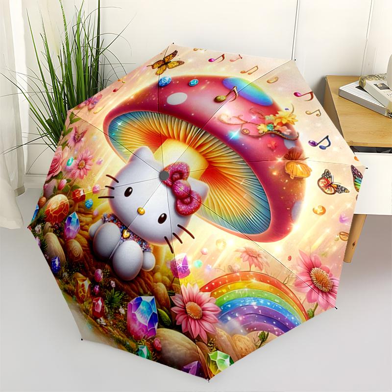 1pc Hello Kitty Mushroom Automatic Opening Folding Umbrella - Portable 3-Fold Design with Iron Frame, Outdoor for Fans, Travelers, Everyday Use, Festi