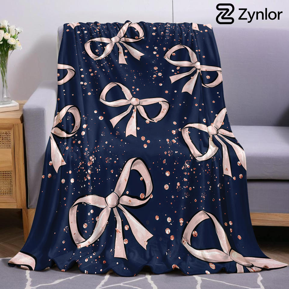 Glitter Navy Bow Cartoon Anime Print Flannel Blanket Soft Warm Throw for Kids Bedroom Sofa Bed Christmas Office Car