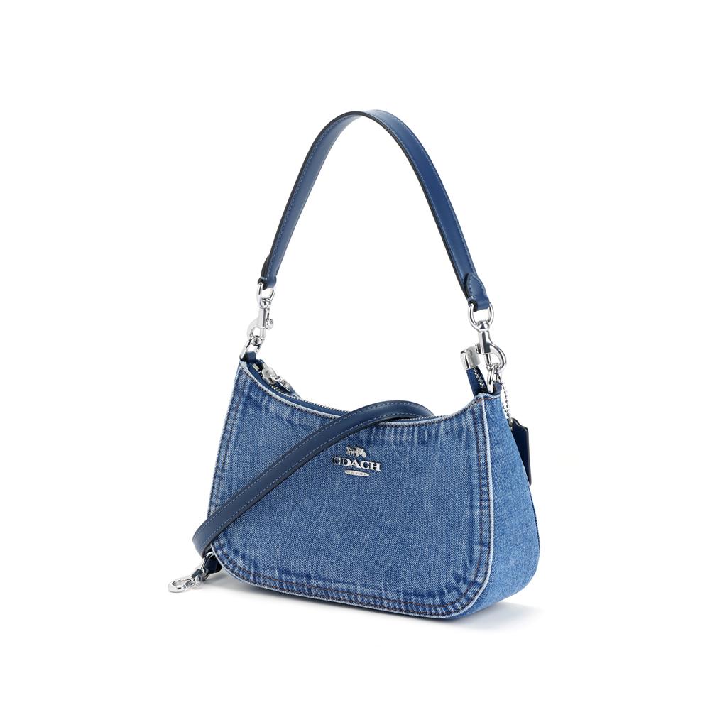 Coach Teri 25 Catena Argentata Logo in Tessuto Borsa a Spalla Media Donna Borsa a Spalla Blu CAK35-SVIN