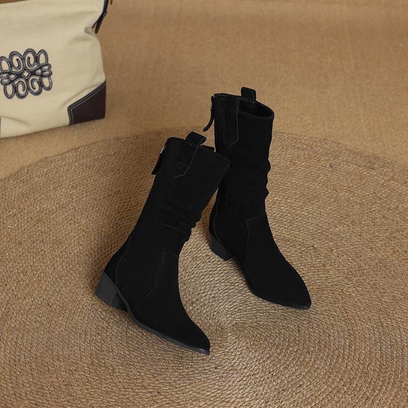 Krazing Pot Nubuc din piele intoarsa de vaci Cizme de iarna cu varf rotund cu toc mediu pentru femei Cizme cu pliuri retro elegante pentru femei la mijlocul gambei