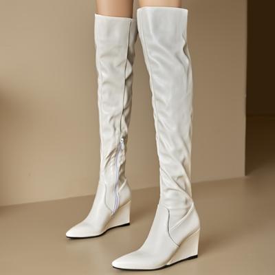 Mode Sexy Bottes Hautes au-dessus du Genou Talon Compensé Femmes Bout Pointu Cuisse Hautes Longues Bottes Modernes Chaussures Dame Noir Blanc Compensé Chaussures