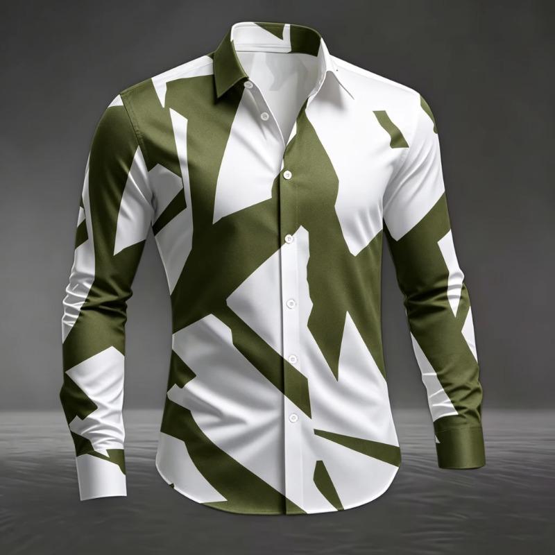 Men's Artistic Geometric Abstract Print Long Sleeve Dress Shirt Smooth Breathable Fabric Slim Fit Formal Business Casual Social