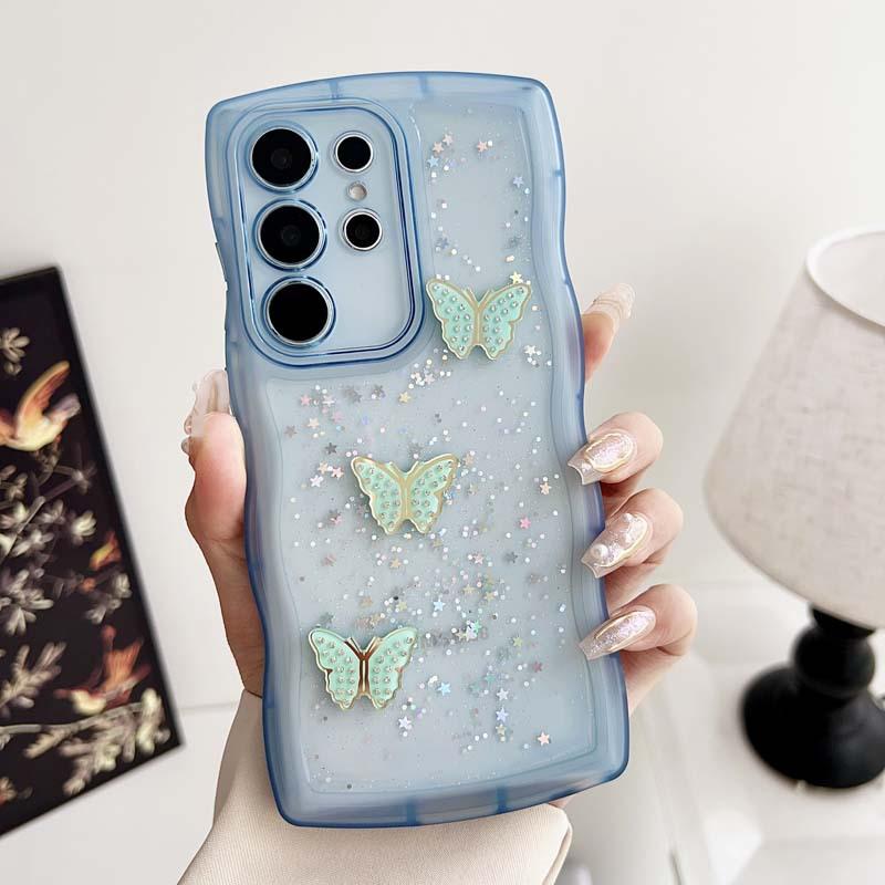 Applicable To Samsung S25 Mobile Phone Case, Epoxy Glitter S23 Wavy Butterfly A05 Anti-drop A73 Transparent Protective Case