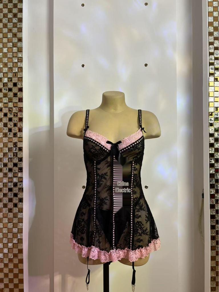 European & American Sexy Lace See-Through Bodysuit Lingerie Set with Fishnet Stockings