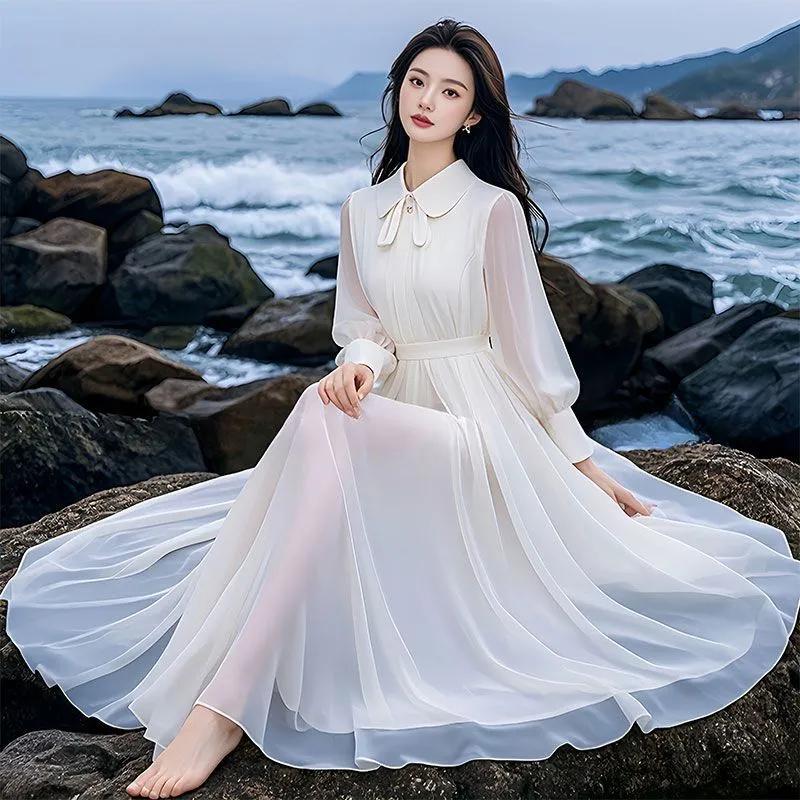 

Women s Ombre Purple Chiffon Maxi Dress Long Sleeve Peter Pan Collar Casual Flowy Beach Dress M белый