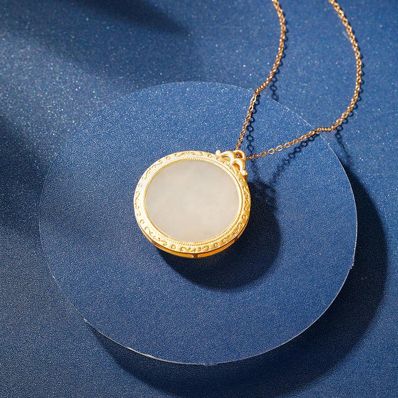 Blue Enamel Painted Lotus Necklace Women's Trendy Light Luxury Clavicle Chain Hetian Jade Circle Pendant