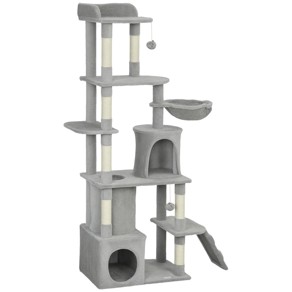 170 Cm Large Cat Tree, Cat Tower with 7 Scratching Posts, Tunnel, 2 Condos, Hammock, Perch, Ramp, Pompoms, Light Grey