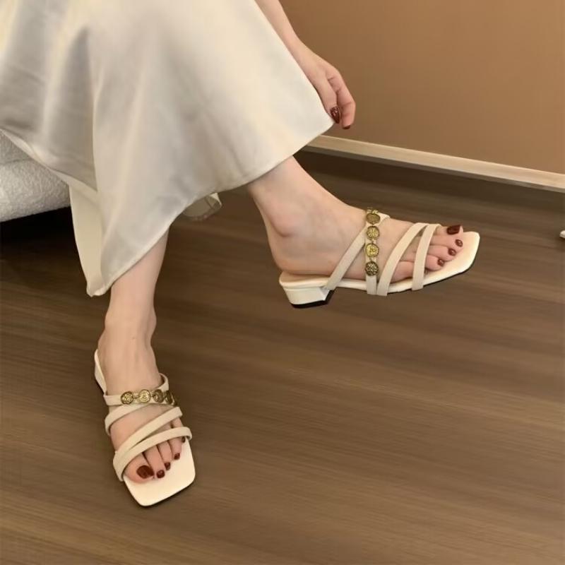

Fashion Niche Block Heel French Commuter Wear Slippers Women s Shoes 2025 New Summer Temperament Sandals 35 бежевый
