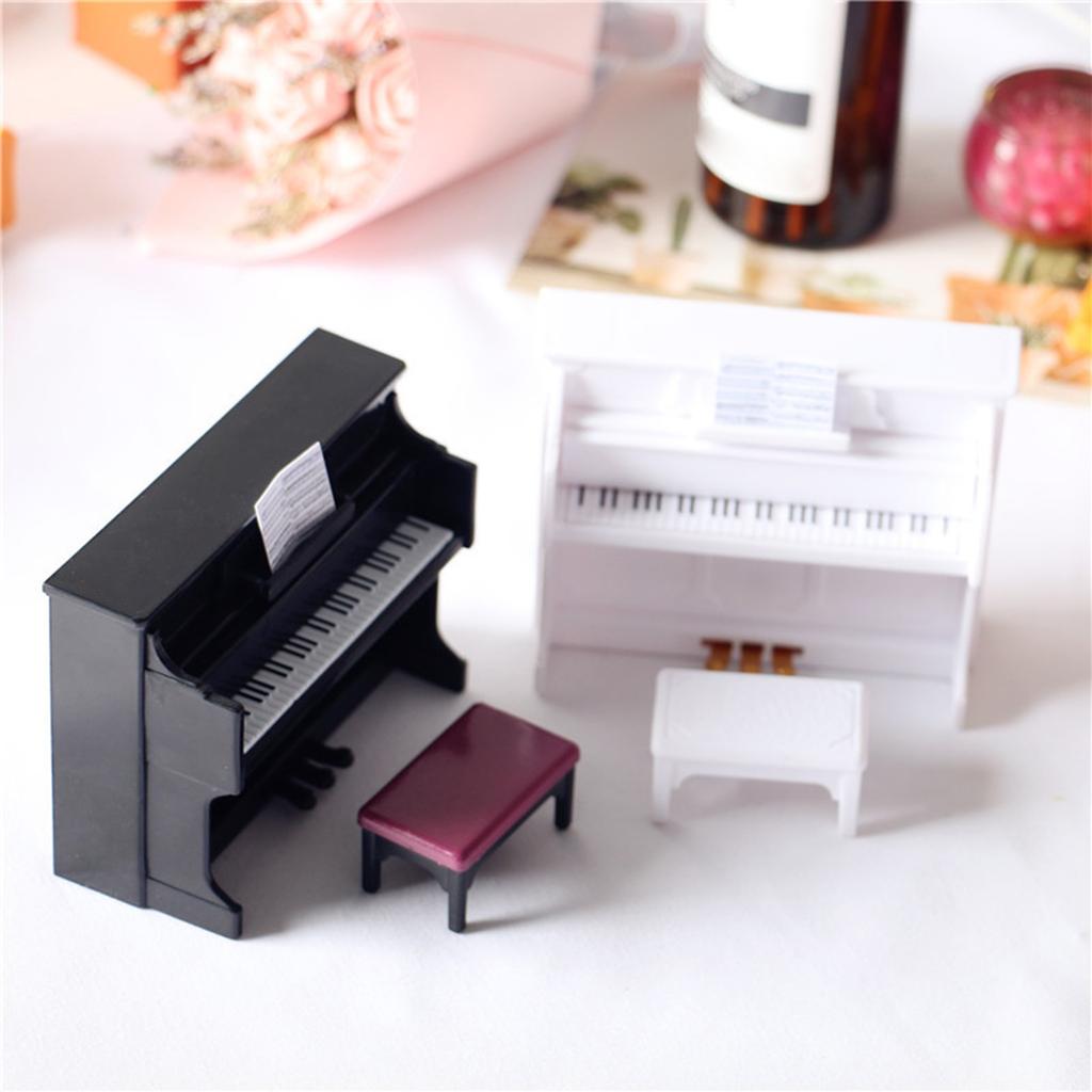Dollhouse Piano with Stool Miniature Musical Instrument Ornament Dollhouse Model Gift for Children Scene Shooting Props
