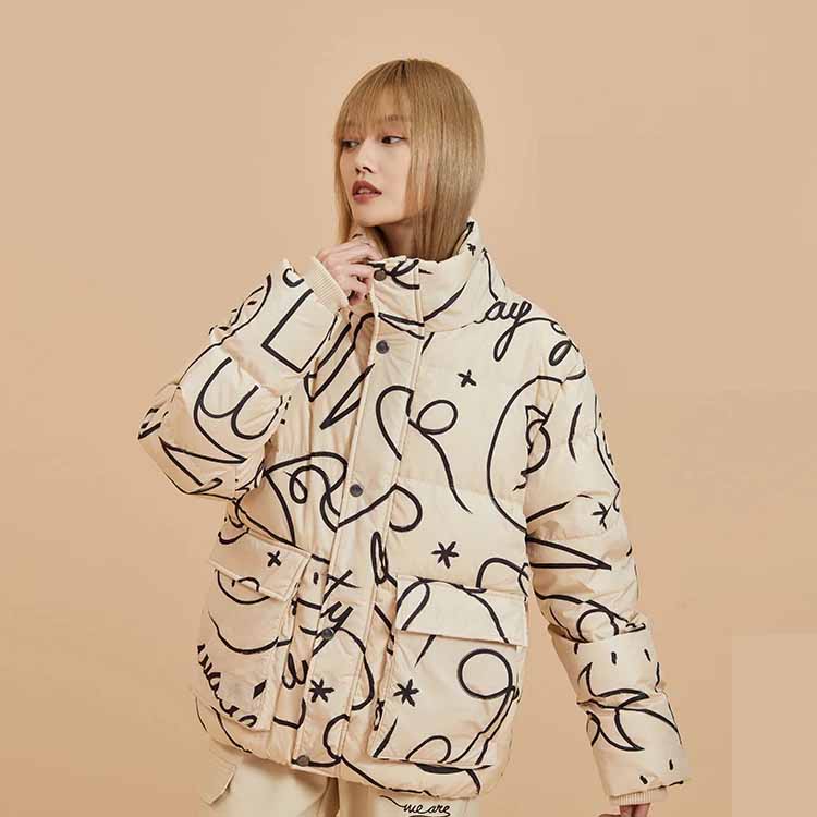 Li Ning X Artist DFT Collaboration Wade Series Fun Pattern Stand Collar Loose Sports Down Jacket Winter Men Jacket Beige AYMR443-2