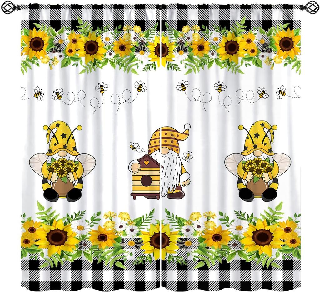 Rustic Honey Bee Curtains Honeycomb Daisy Floral Window Treatments Insulated Drapes Panel Sets Curtain With Rod Pocket Thermal Polyester