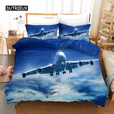 Funda de edredón de avión de microfibra con temática de avión volando por el cielo azul, juego de cama para niños y niñas, tamaño doble, Queen y King