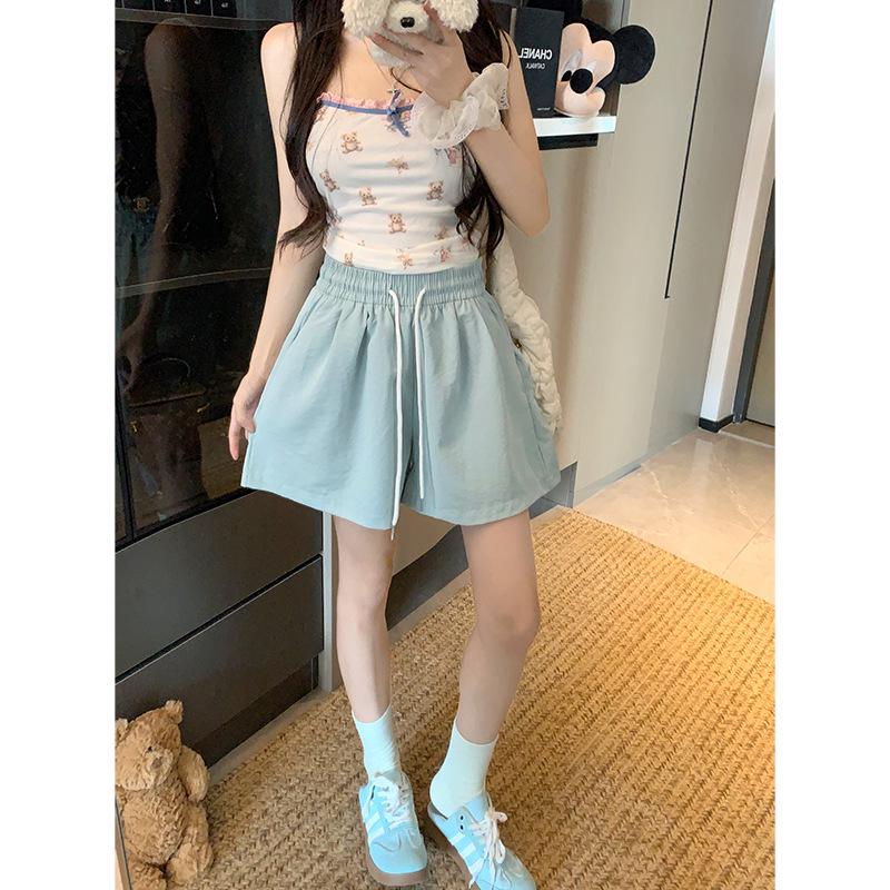 Women's High Waist Drawstring Blue Shorts - Summer Casual, Slimming Wide-Leg for Middle School Students