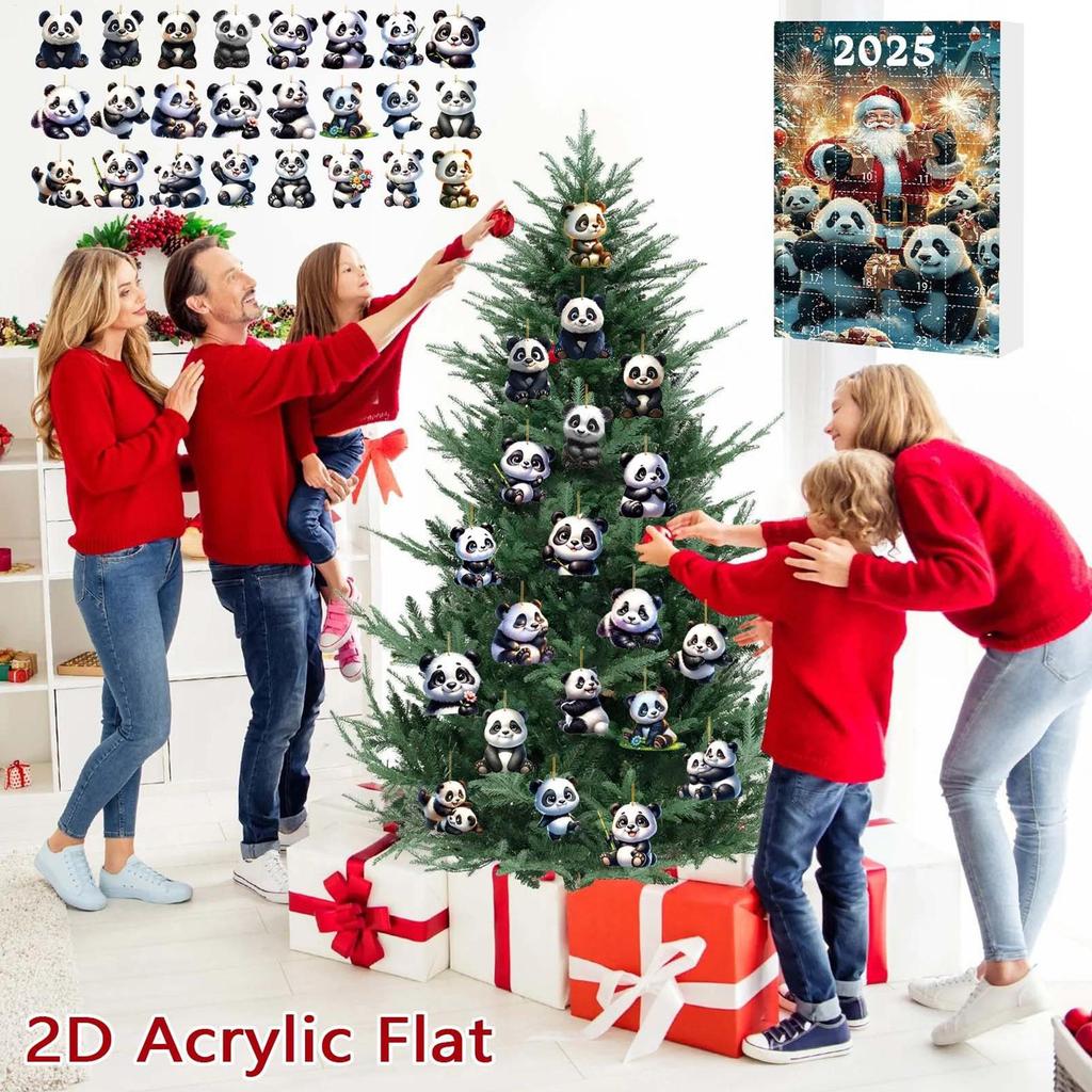 Weihnachts-Panda Adventskalender 24 Stück 2D Panda-Ornament Weihnachtsbaum Panda-Spielzeug Anhänger Panda-Thema Countdown-Kalender