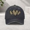 Leopard Heart Print Washed Baseball Cap Vintage Cotton Adjustable Outdoor Sports Hat