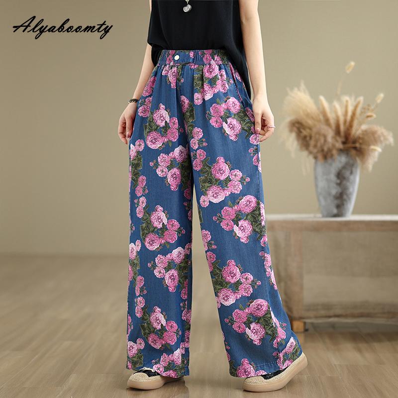 

Большие размеры Летние женские джинсы Tencel с высокой талией и цветочным принтом Контрастные цветные брюки Повседневные свободные винтажные женские тонкие джинсы M розовый