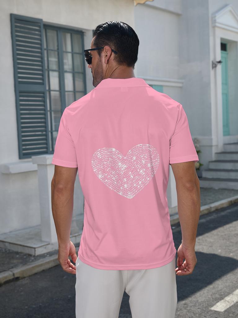 Valentine'S Day Print - Men'S Short Sleeve POLO Shirt, Flat Digital Print Pattern - Untextured Pink Background Shiny Hearts, Fashionable And Easy