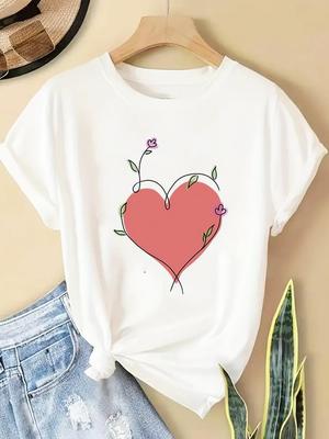 (Asian Size) Women Casual Short Sleeve T  Tee Top Clothing Shirt Fashion Sweet Love Heart Printed Lady Female Graphic T-shirts