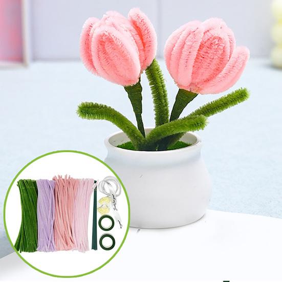 1 Set Pipe Cleaner Flower Material Kit with Stem Stamens Tape Ribbon 4 Colors Chenille Stem Twist Stick Handmade Tulip Flower Decoration DIY