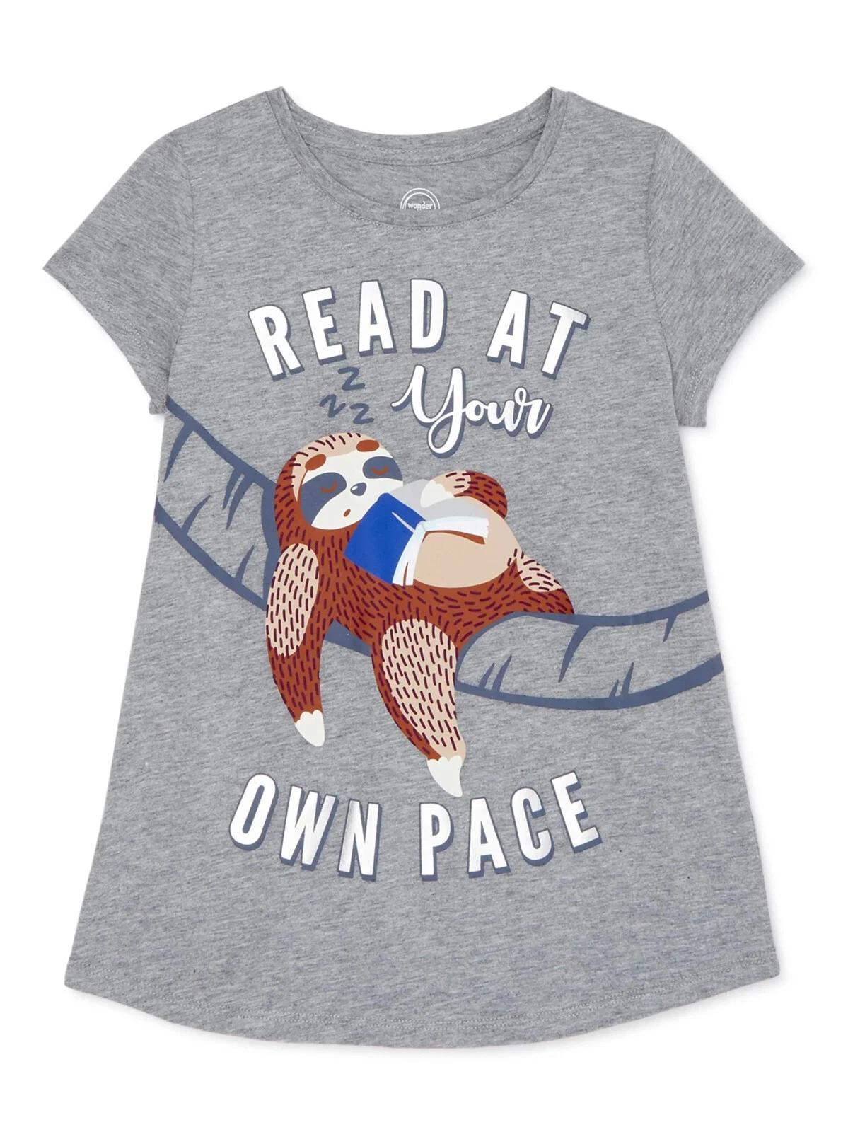 Wonder Nation Youth Girls Funny Sloth Read At Your Own Pace Shirt New XL (14-16) 2XL